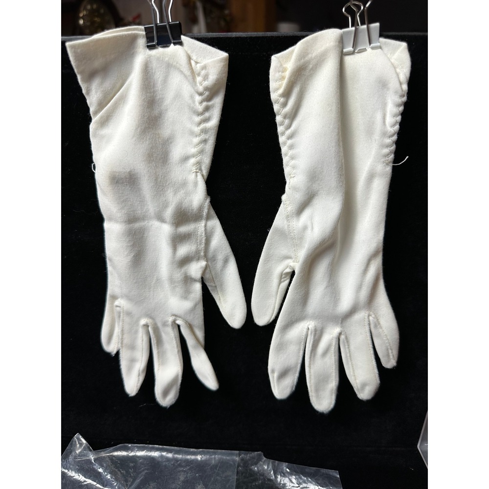Vintage Ivory Fabric Gloves w/ Whipstitch Detail Mid Length Cream Formal Wedding
